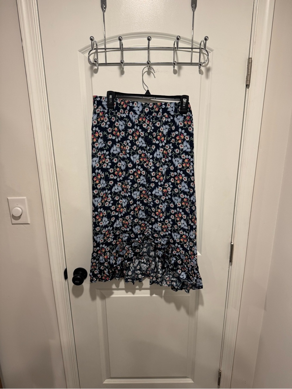 LOFT Navy Floral Ruffle-Hem Midi Skirt